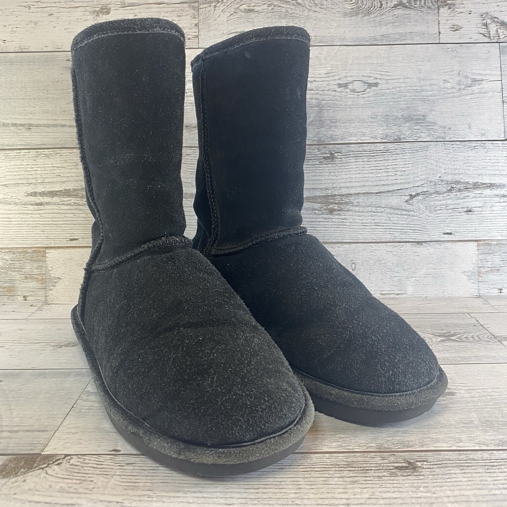 BearPaw Emma Short Boots Womens 10 Black Suede Sheepskin‎ Wool Lined Winter Fur